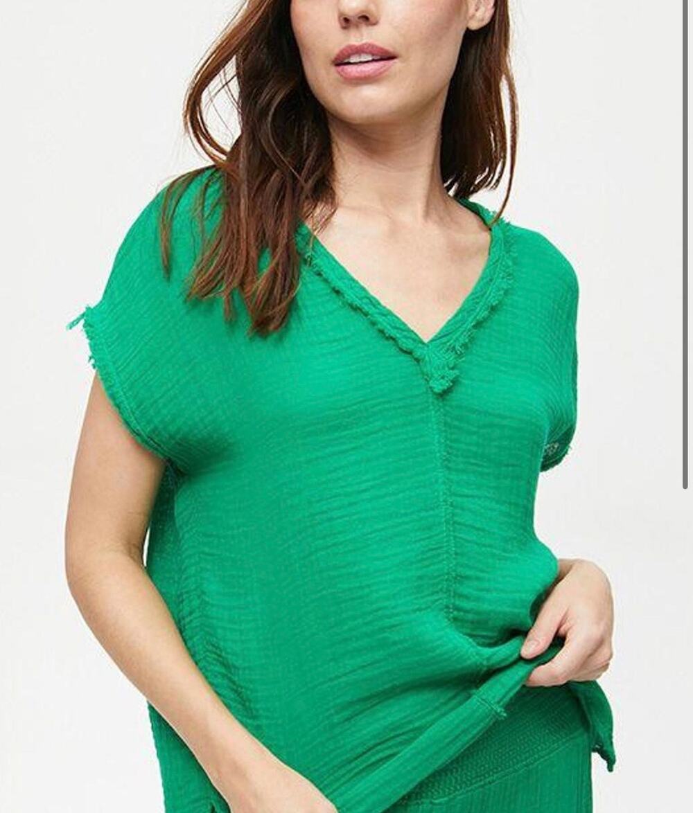 Michael Stars Green Cotton Gauze Frayed V-Neck Top Size Small NWOT